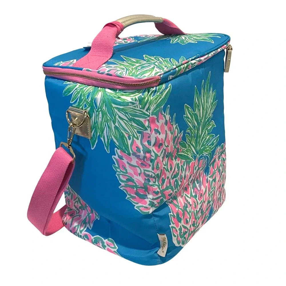 Lilly Pulitzer Wine Carrier Bag Blue Pink Pineapple Print Insulated 4 Bottle NWT